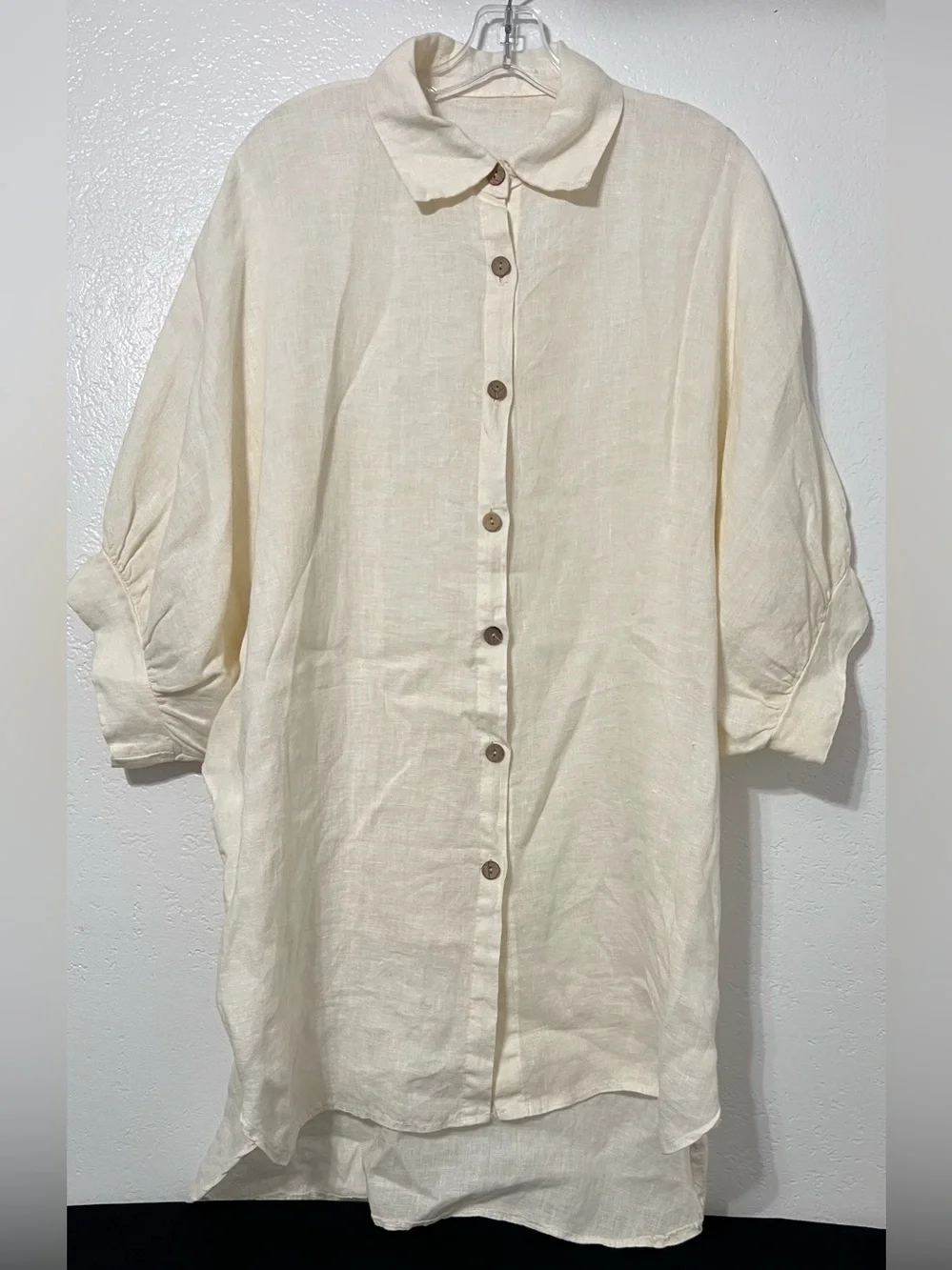 Made in Italy 100% Linen Oversized Tunic Shirt Ivory Button Front Lagenlook OS